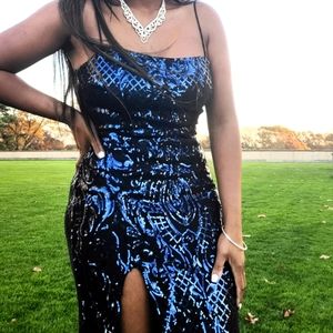 Midnight blue sequence dress with hints of black.